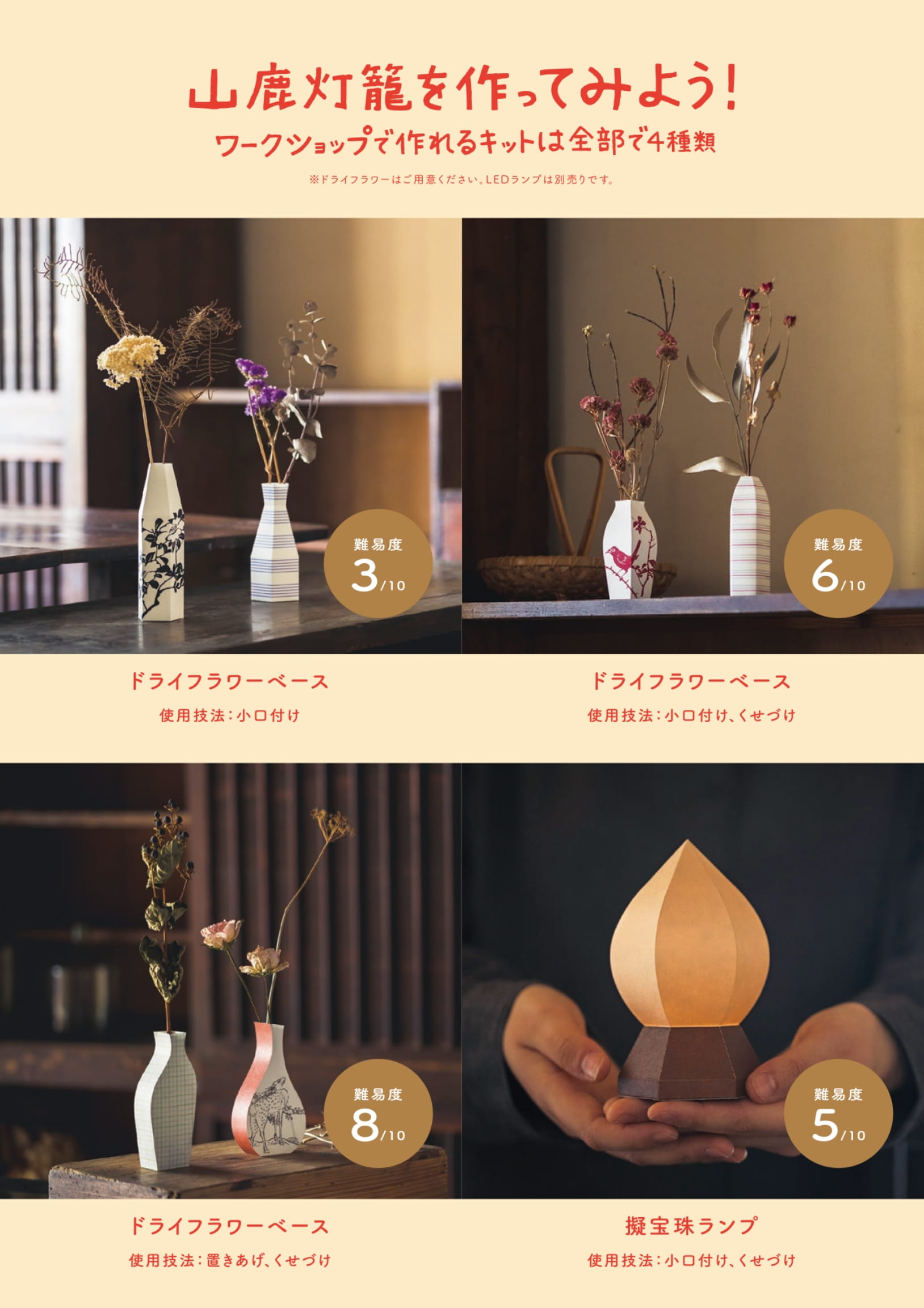 山鹿灯籠を作ってみよう！ワークショップで作れるキットは全部で４種類